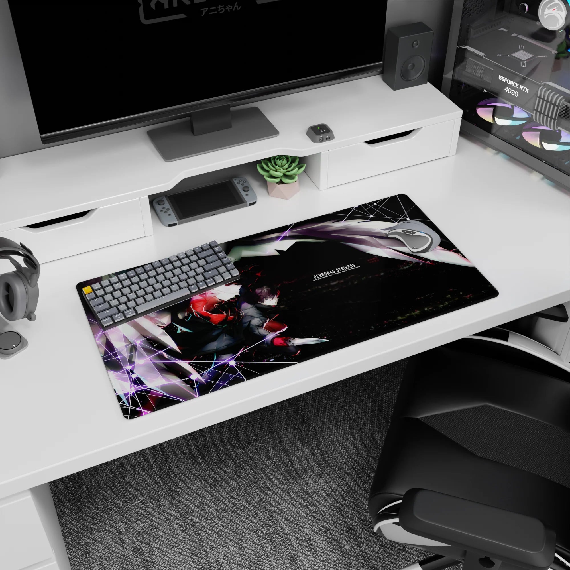 Joker and Arsène from Persona 5 Strikers on 32x16 inch anime mouse pad, vibrant skyline, dynamic design, sleek heist theme.