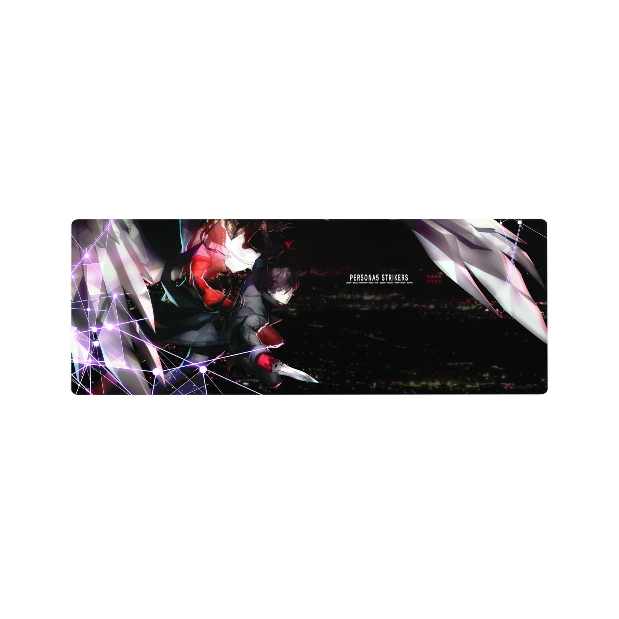 Anime mouse pad 32x12 inches featuring Joker and Arsène from Persona 5 Strikers, capturing a dynamic Tokyo skyline scene.