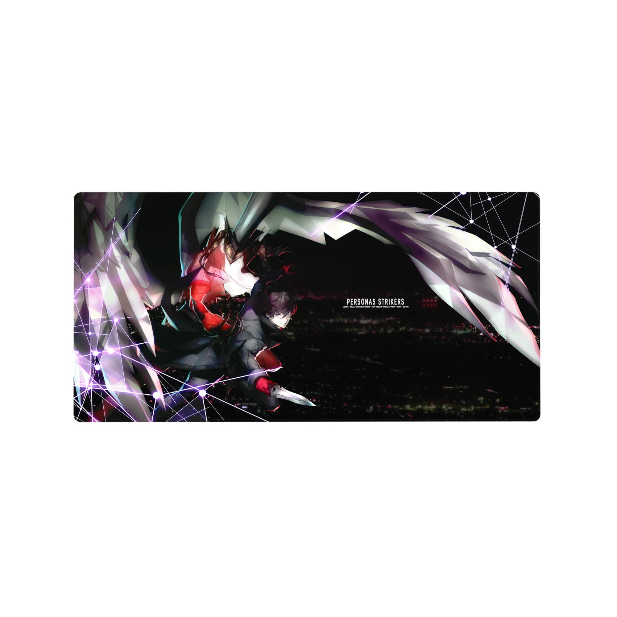 Mouse pad measuring 32x16 inches featuring Joker and Arsène from Persona 5 Strikers, showcasing Tokyo&#39;s neon skyline.