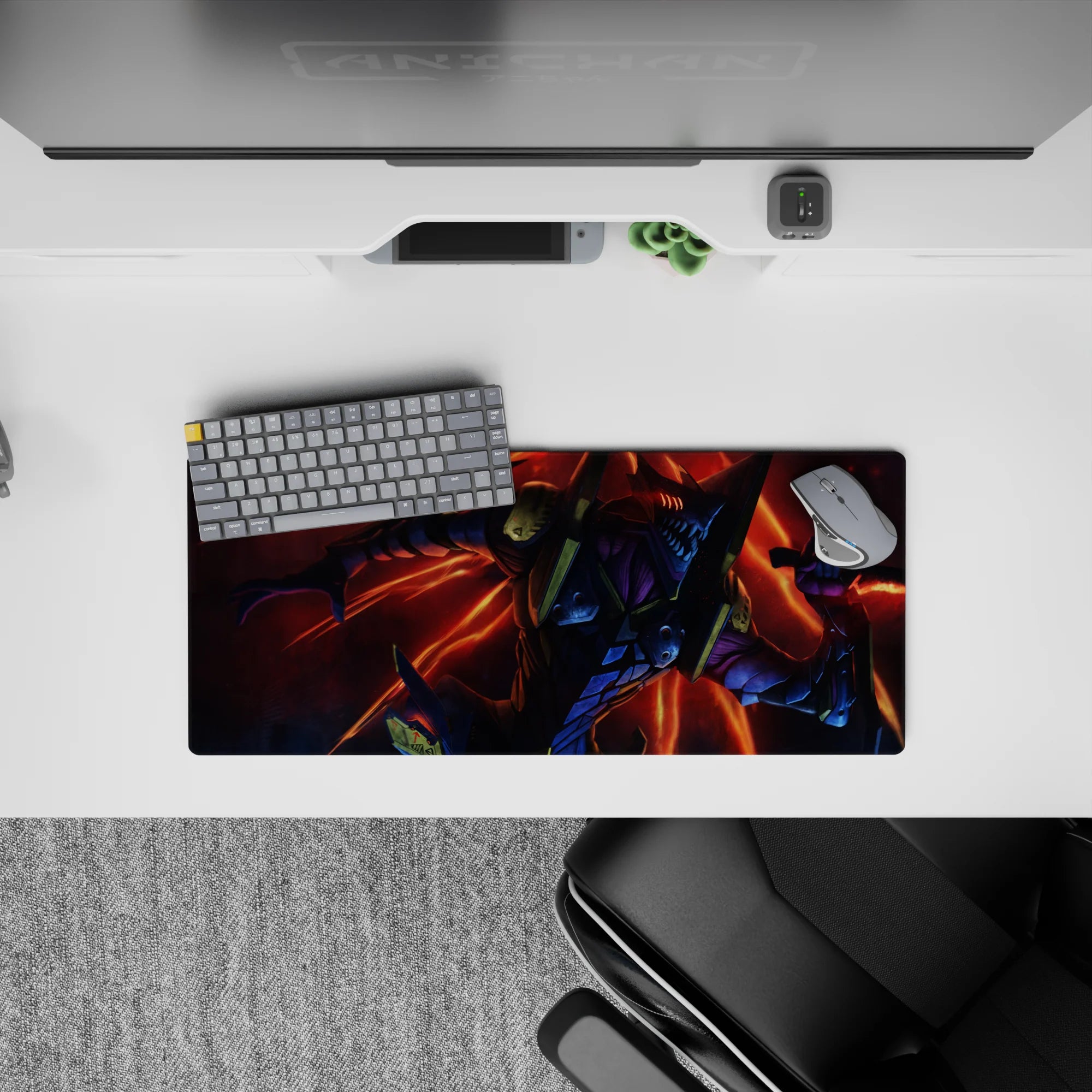 Anime mouse pad, 28x12 inches, featuring EVA Unit-01 in beast mode with vibrant reds and oranges, dynamic and powerful.