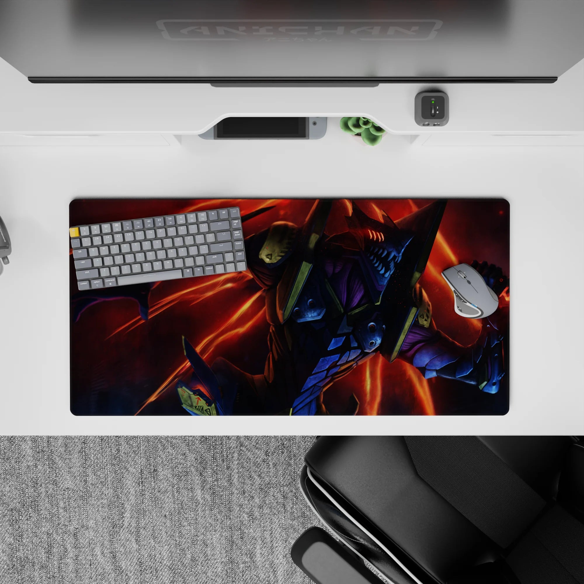 Anime mouse pad 32x16 inches featuring EVA Unit-01 in beast mode, with intense reds and oranges, dynamic and fierce.