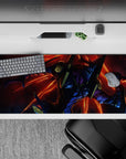 Anime desk pad featuring EVA Unit-01 in beast mode, 36x16 inches. Vibrant reds and oranges dominate the dynamic scene.