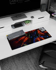 Anime mouse pad featuring EVA Unit-01 in beast mode, size 28x12 inches, with vibrant reds and oranges for a dynamic setup.