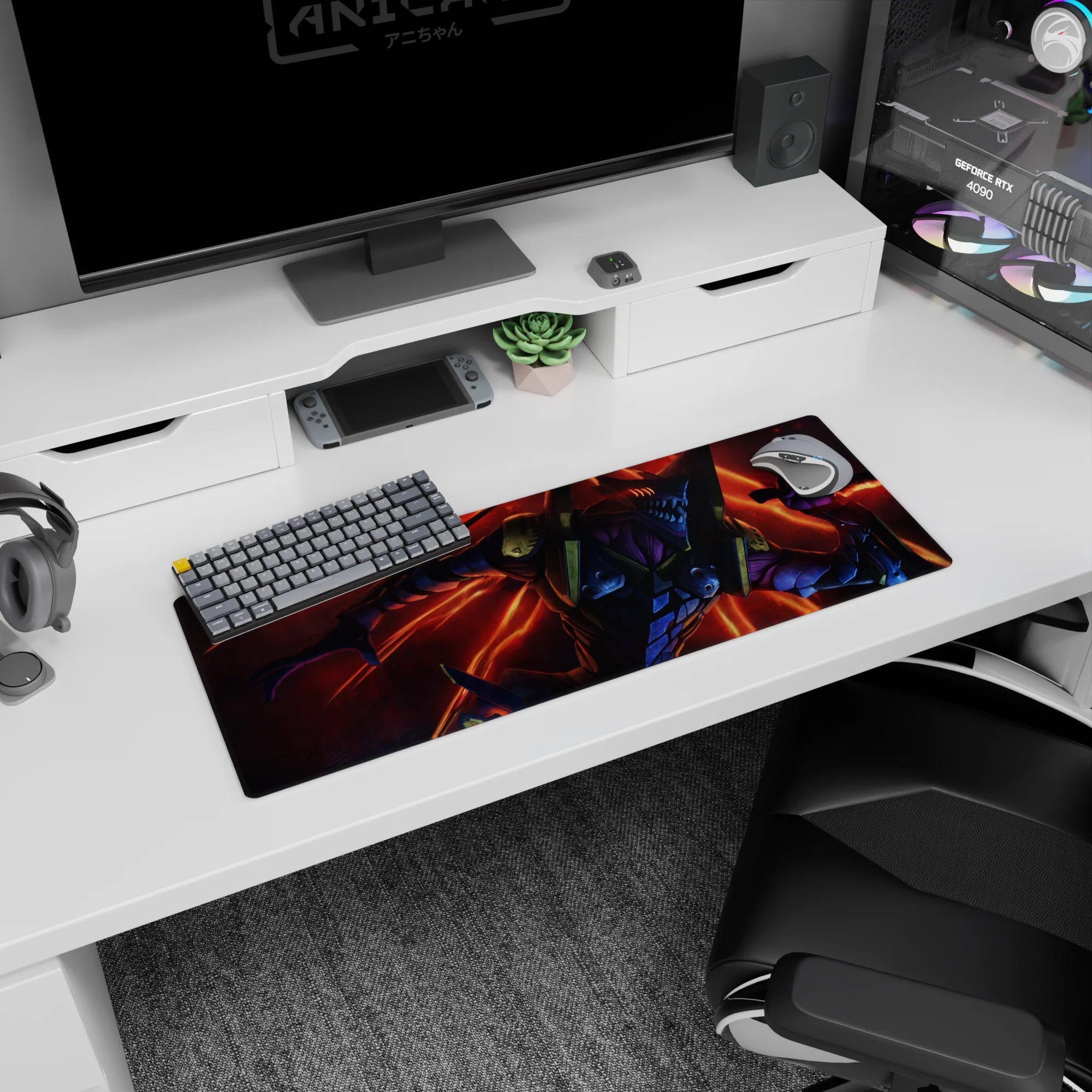 EVA Unit-01 anime mouse pad, fiery design in reds and oranges, size 32x12 inches, adds energy to your setup.
