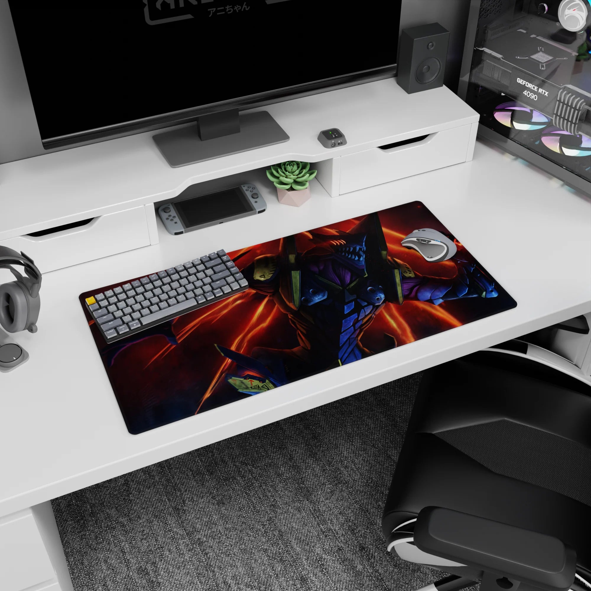 Anime mouse pad 32x16 inches featuring EVA Unit-01 in beast mode with vibrant reds and oranges, evoking raw chaos.