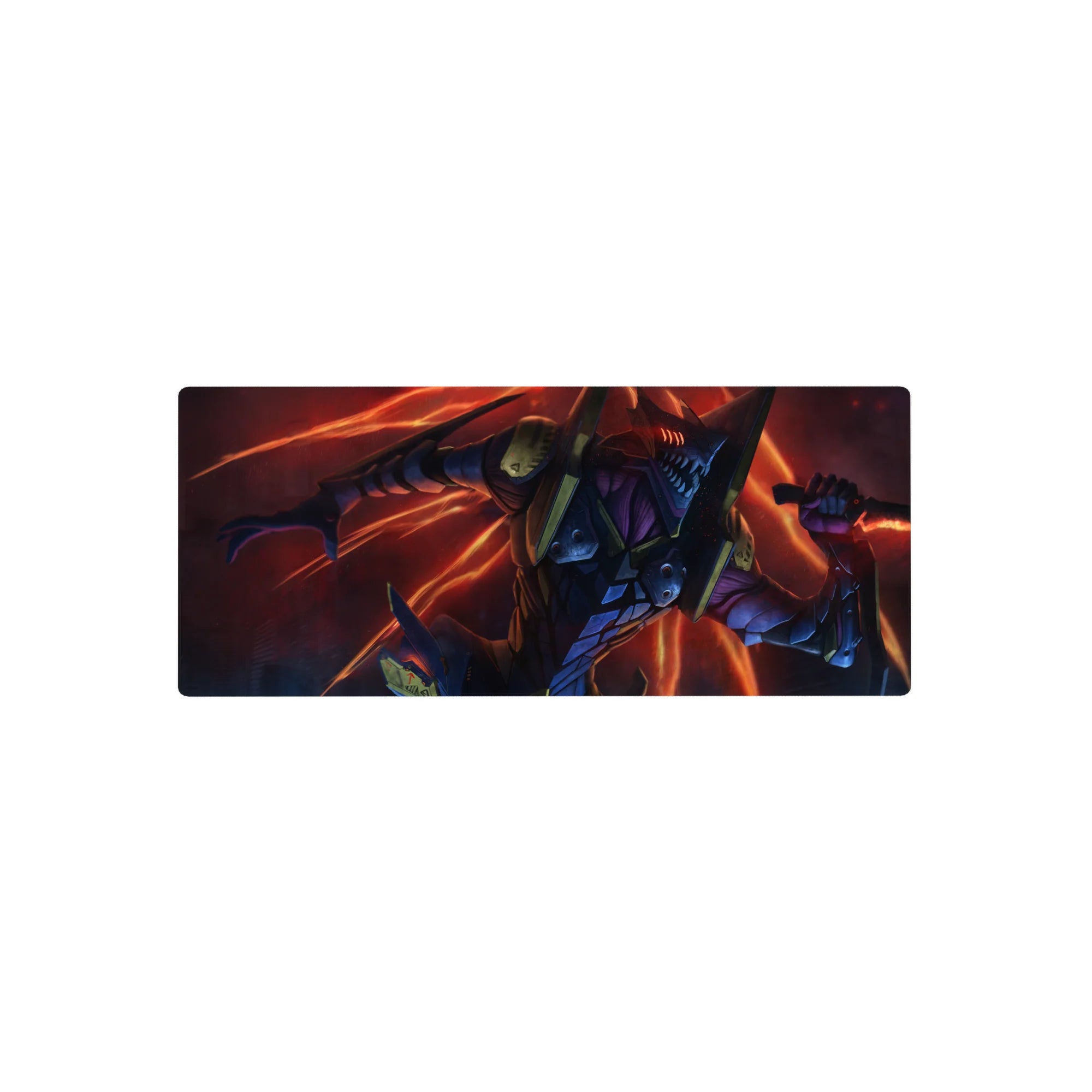Anime mouse pad 28x12 inches featuring EVA Unit-01 in beast mode, vibrant reds and oranges create dynamic energy.