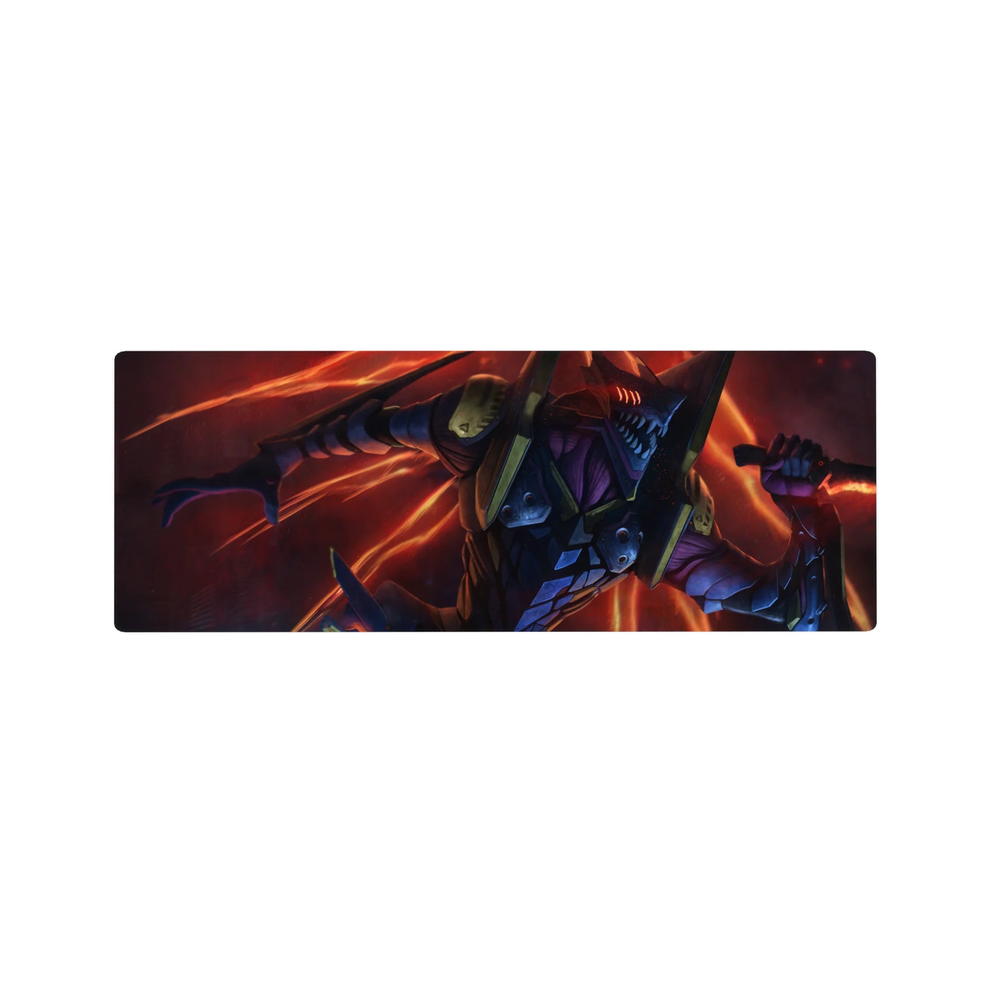 Anime mouse pad 32x12 inches featuring EVA Unit-01 in beast mode, vibrant reds and oranges, exuding raw energy.