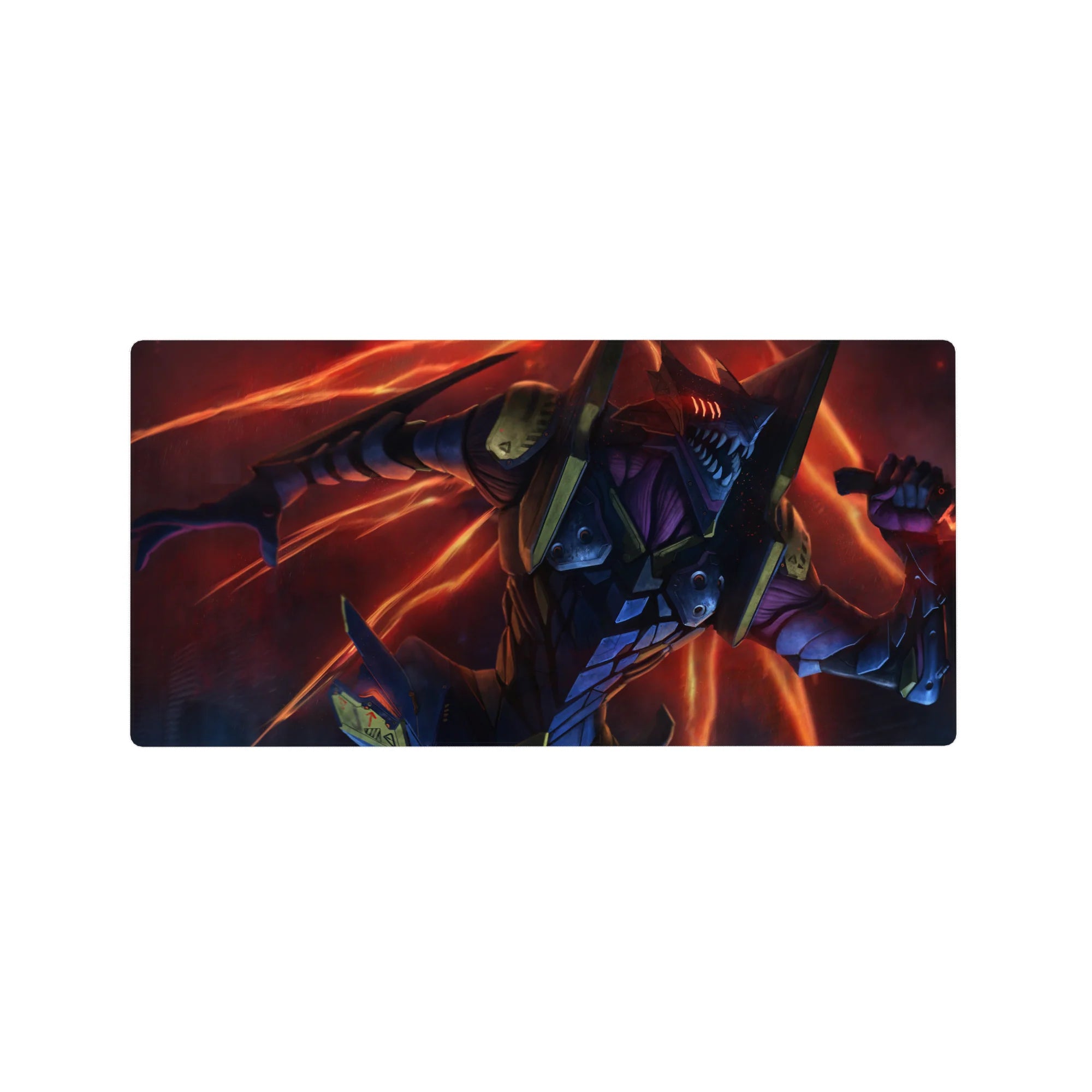 Fiery anime mouse pad featuring EVA Unit-01 in beast mode, size 32x16 inches, vivid reds and oranges dominate the scene.