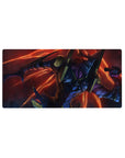 Fiery anime mouse pad featuring EVA Unit-01 in beast mode, size 32x16 inches, vivid reds and oranges dominate the scene.