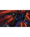Anime mouse pad 40x20 inches featuring EVA Unit-01 in beast mode, vivid reds and oranges, dynamic and powerful design.
