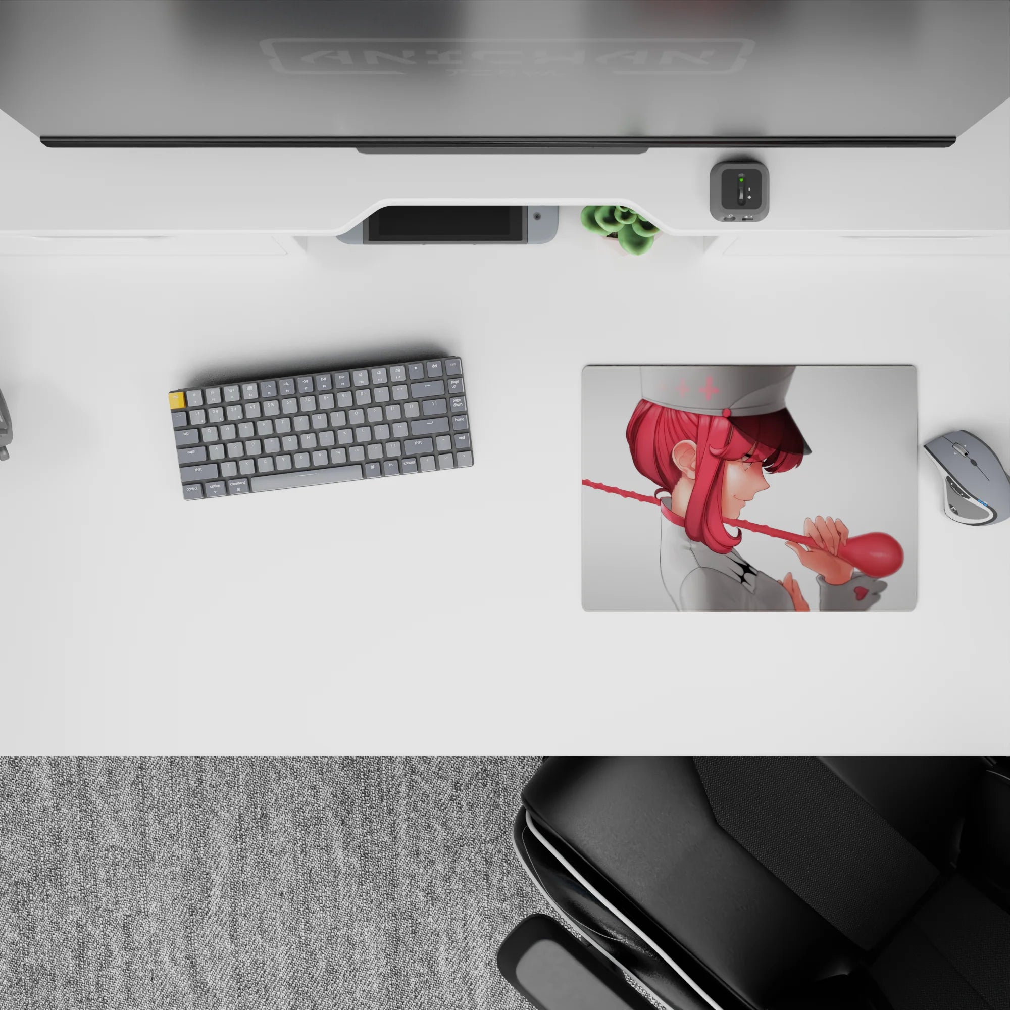 Candy-red and blush tones on a 14x10 inches anime mouse pad, clean white nurse look, playful calm vibe.
