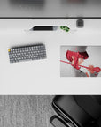 Candy-red and blush tones on a 14x10 inches anime mouse pad, clean white nurse look, playful calm vibe.