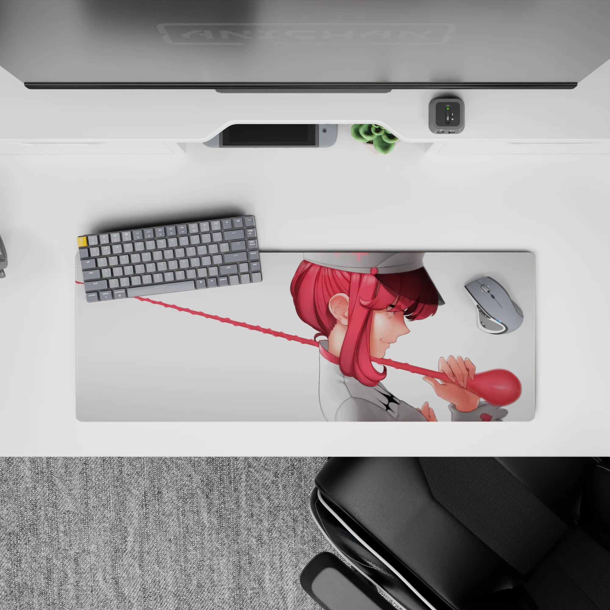 Candy-red and blush tones on an anime nurse mouse pad 32x12 inches, soft shading and playful calm vibe.