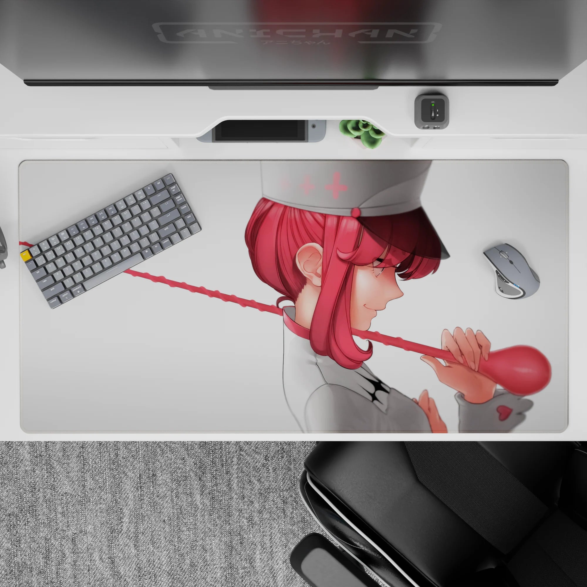Candy-red and blush tones on a 40x20 inches anime desk pad, playful nurse vibe on pale background.