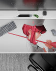 Candy-red and blush tones on a 40x20 inches anime desk pad, playful nurse vibe on pale background.