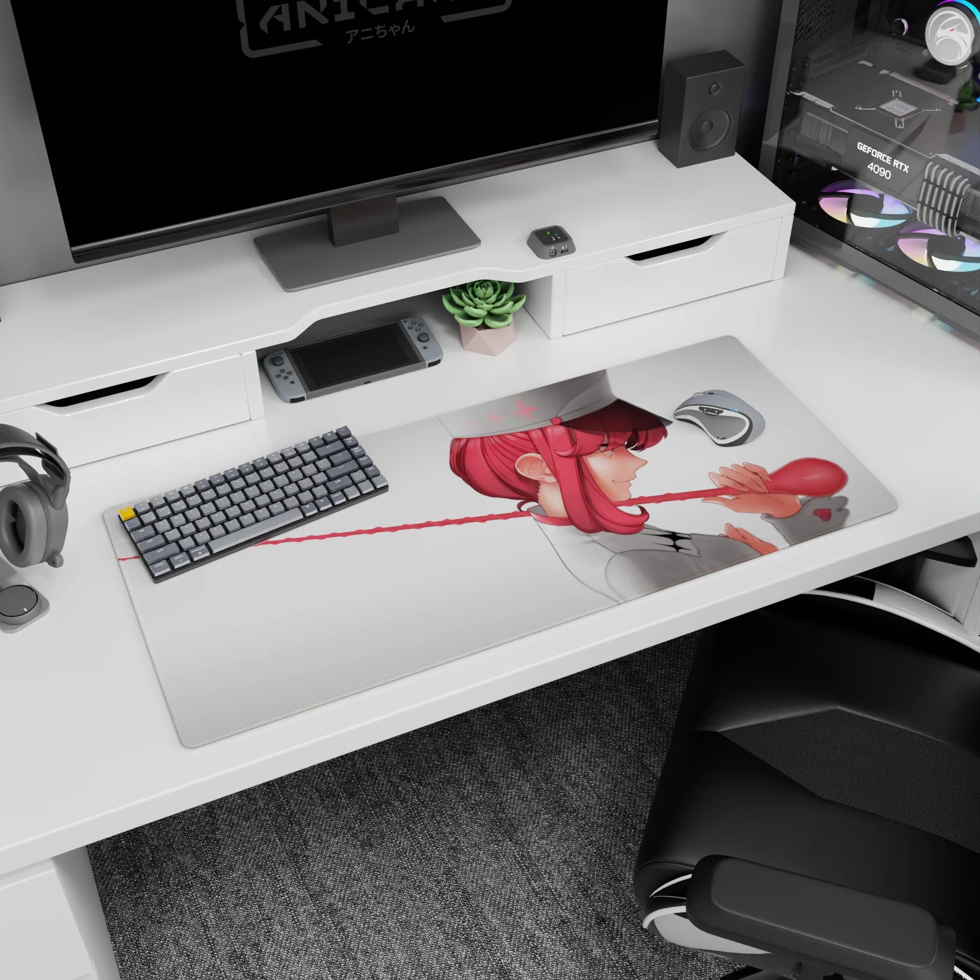 Pink-haired anime nurse smirking in profile, twirling glossy red stethoscope on a 36x16 inches desk pad.