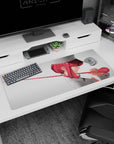 Pink-haired anime nurse smirking in profile, twirling glossy red stethoscope on a 36x16 inches desk pad.