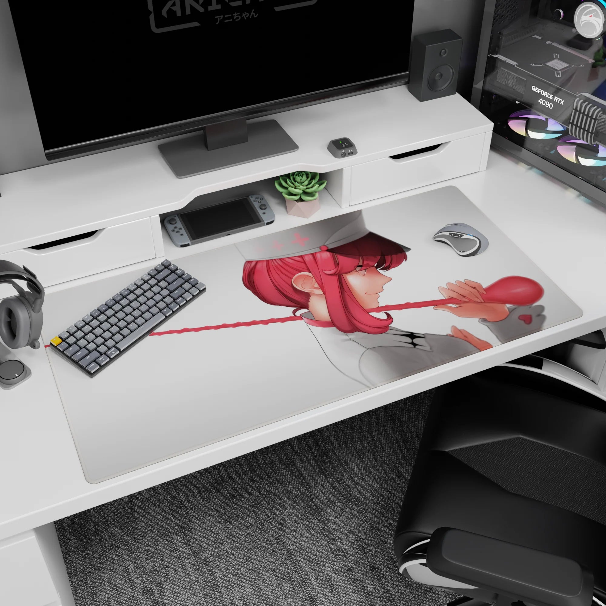 Profile view pink-haired nurse smirking, spinning glossy red stethoscope on 40x20 inches anime desk pad.