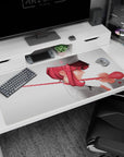 Profile view pink-haired nurse smirking, spinning glossy red stethoscope on 40x20 inches anime desk pad.