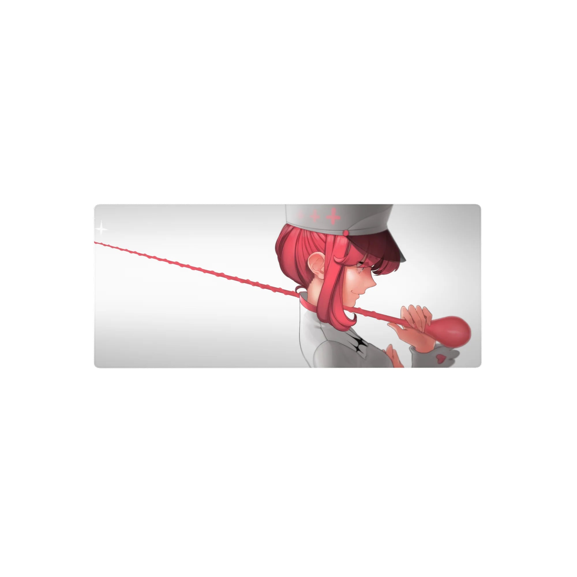 Anime girl mouse pad 28x12 inches featuring pink-haired nurse in white, twirling a red stethoscope.