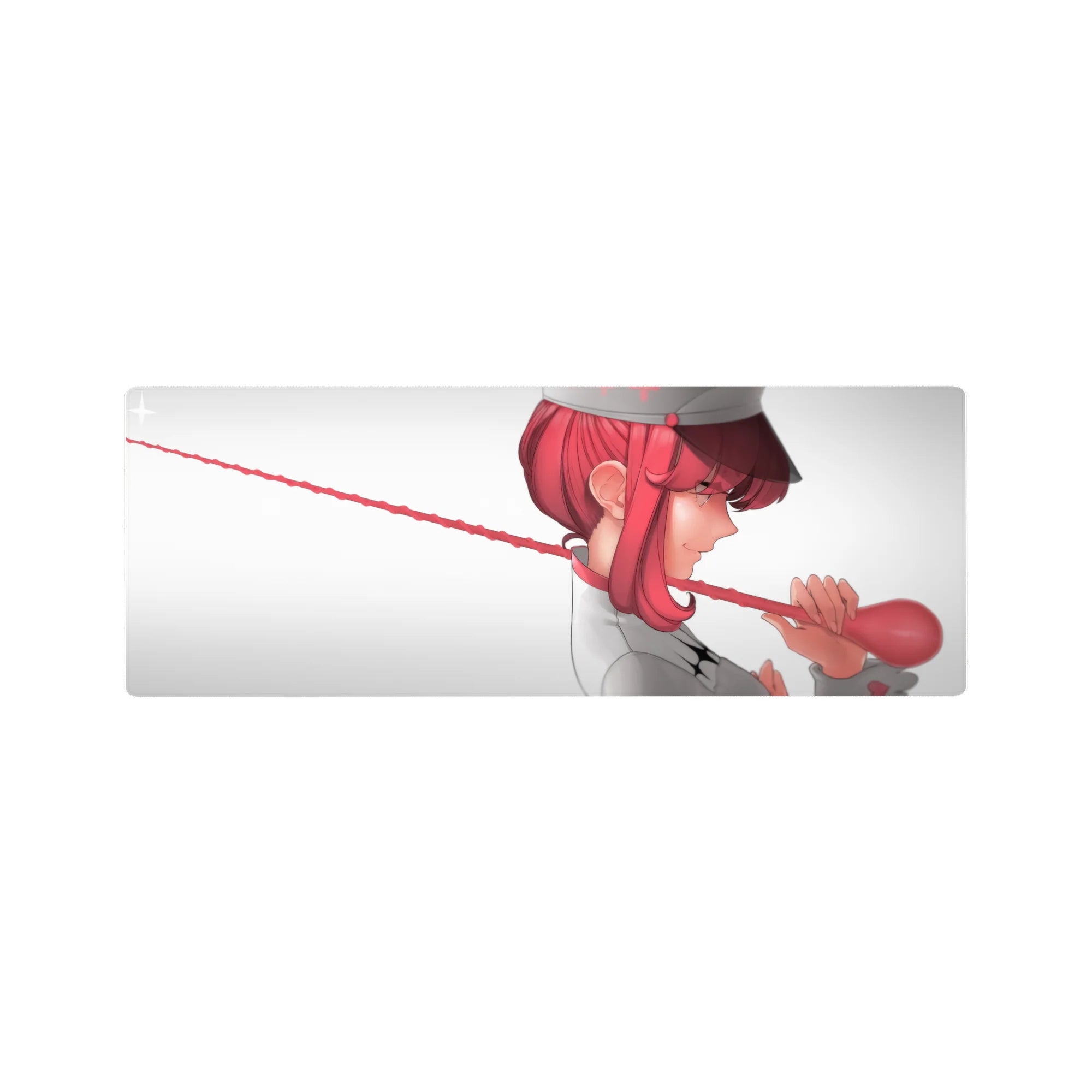 Anime girl mouse pad 32x12 inches with pink-haired nurse, white outfit, red stethoscope, clean backdrop.