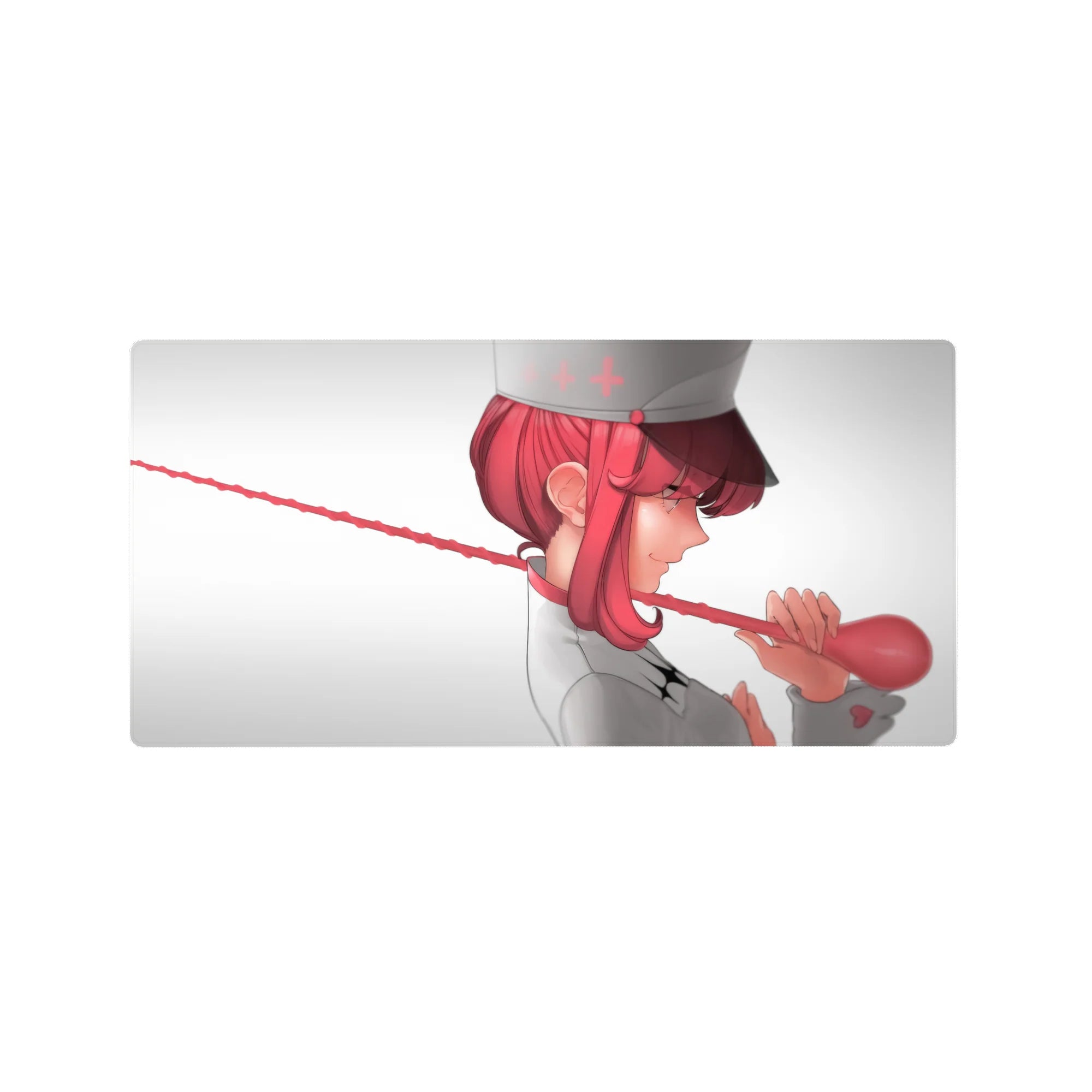 Anime girl mouse pad 32x16 inches featuring a pink-haired nurse with red stethoscope on pale background.