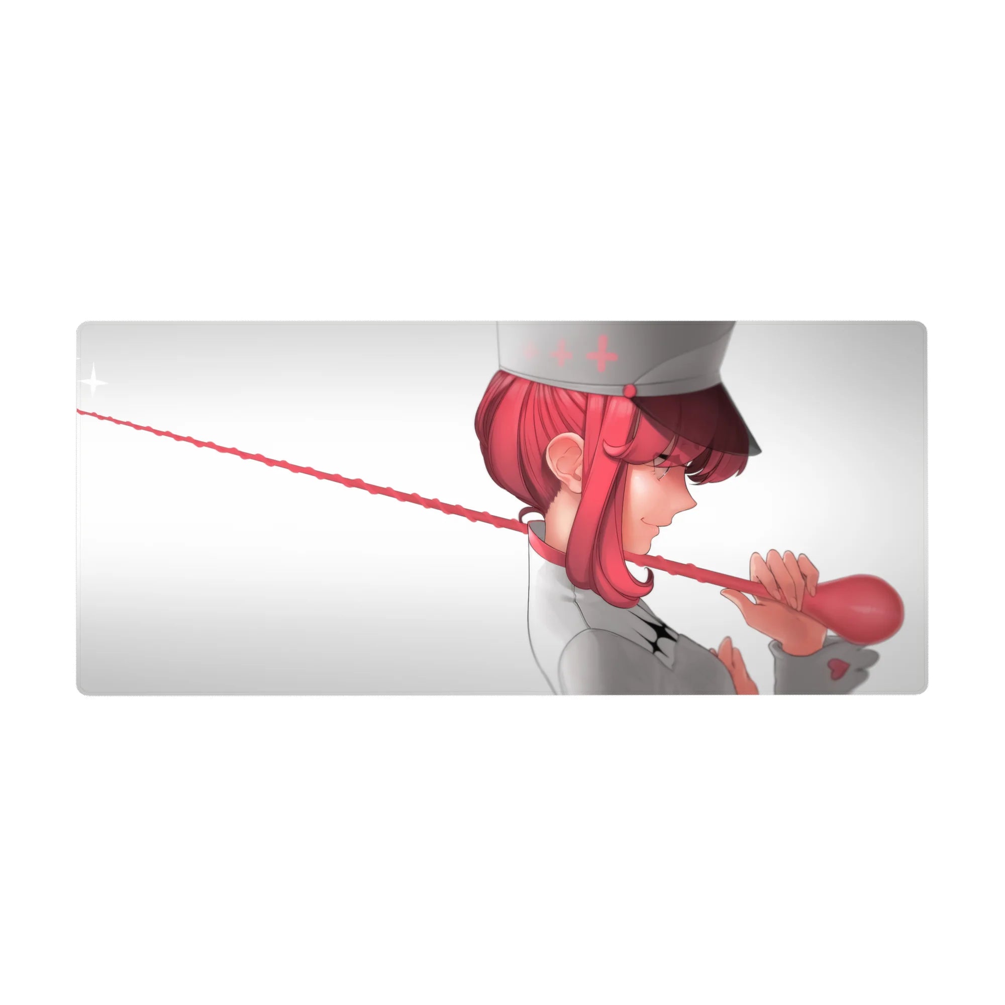 Anime girl nurse desk pad 36x16 inches with pink-haired profile, white uniform, and red stethoscope.