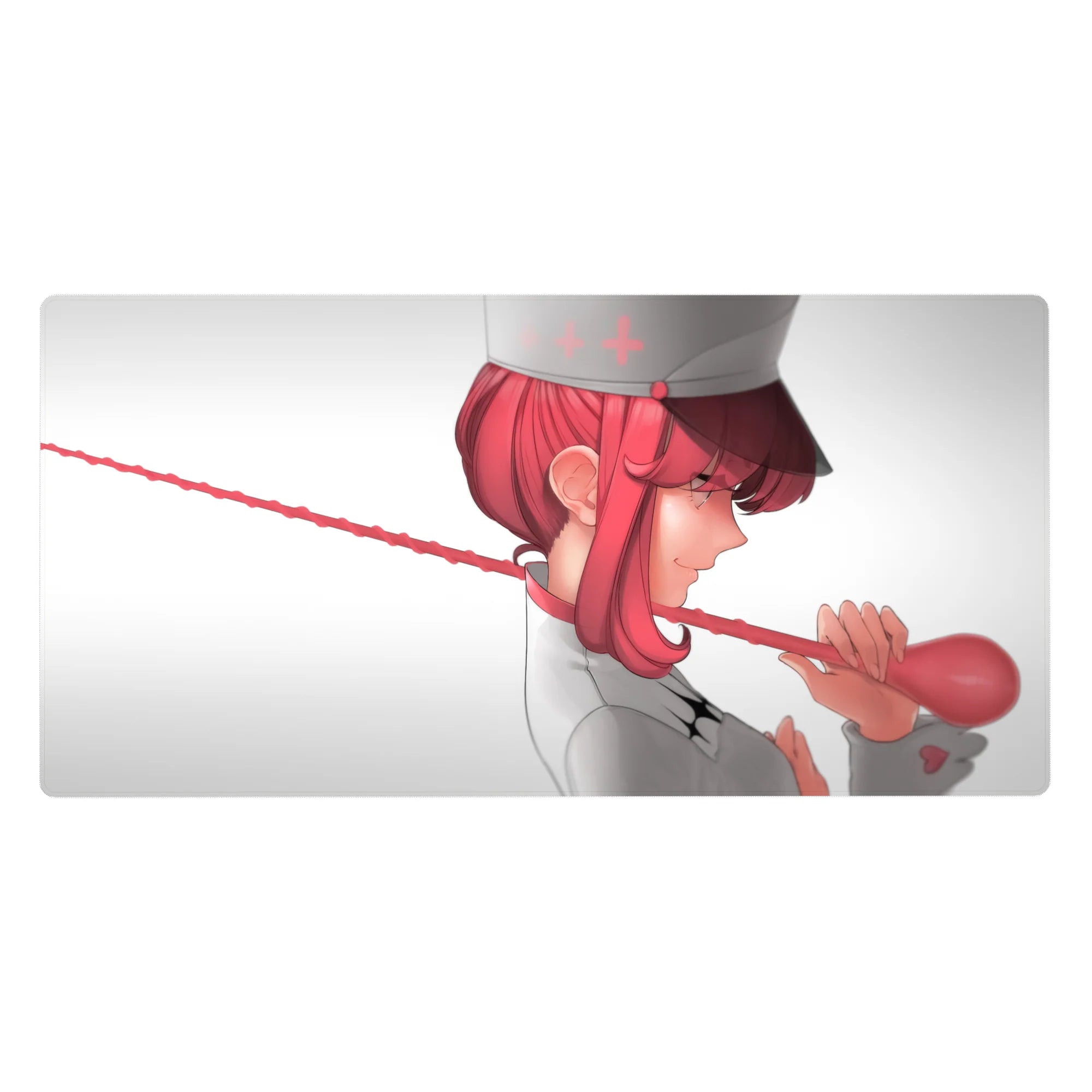 Anime girl desk pad 40x20 inches with pink-haired nurse in white uniform twirling red stethoscope.