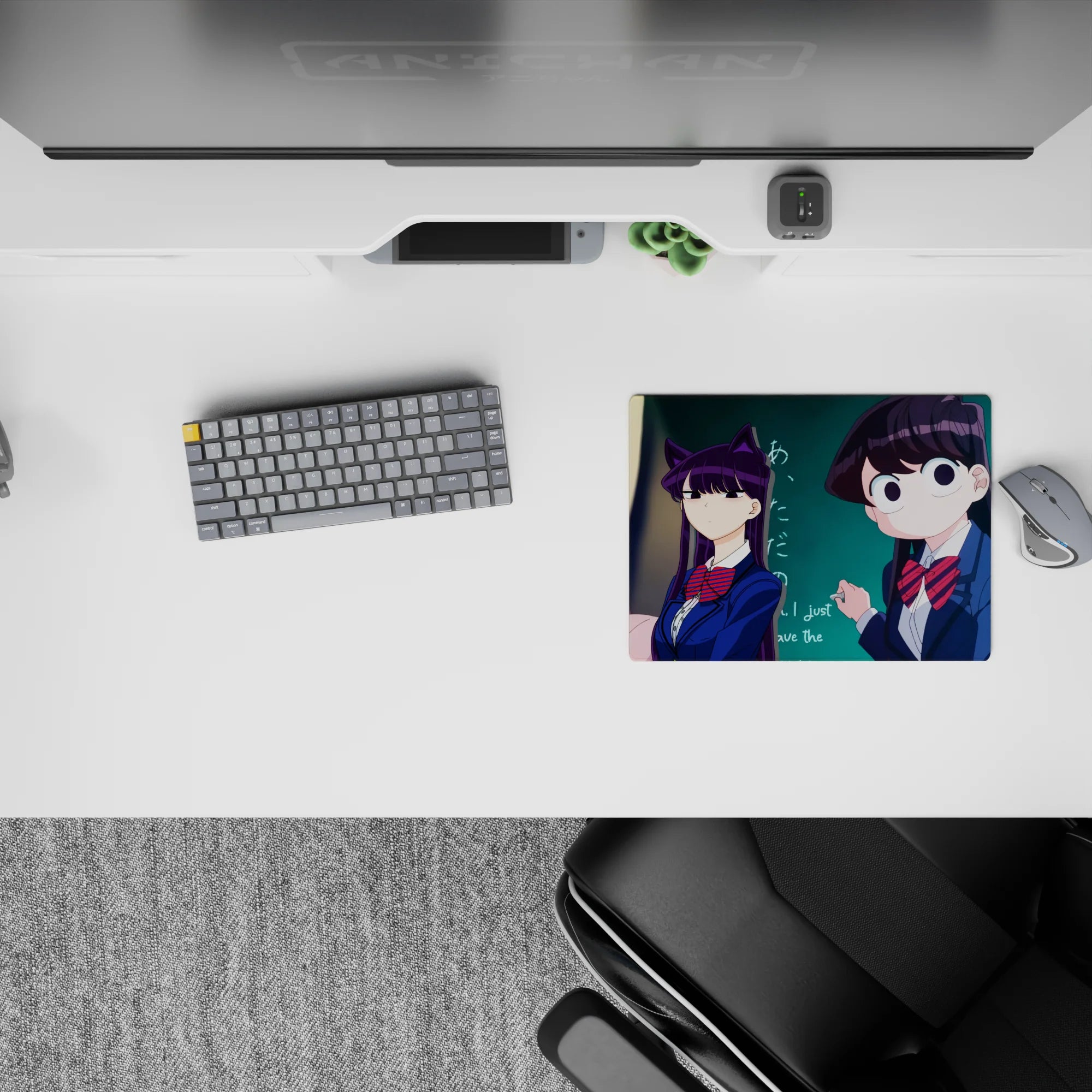 Cute chaotic school slice mouse pad 14x10 inches, navy uniforms, red bows, purple hair, teal board.