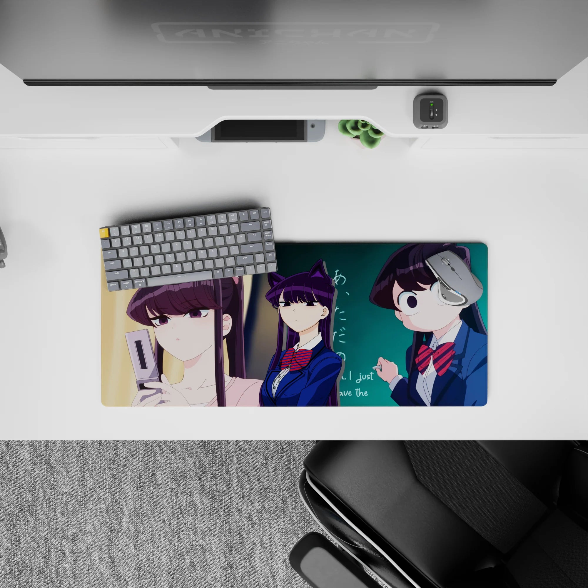 28x12 inches anime mouse pad in deep navy, red striped bows, and teal chalkboard for playful slice-of-life mood.