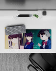 28x12 inches anime mouse pad in deep navy, red striped bows, and teal chalkboard for playful slice-of-life mood.