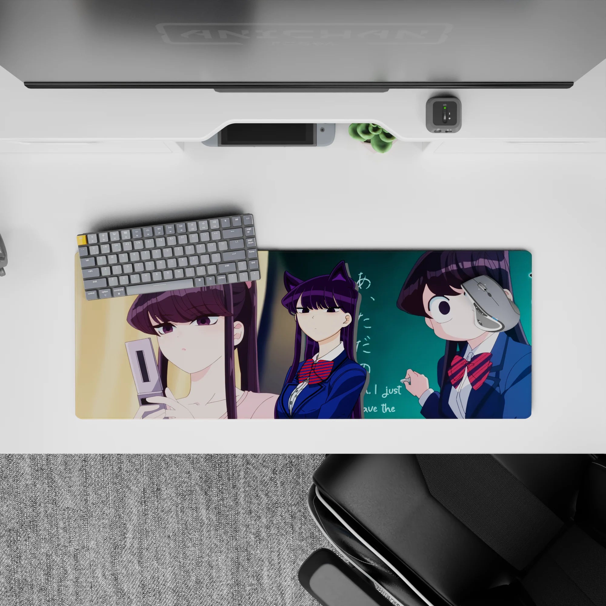 Cute chaotic anime girl mouse pad 32x12 inches in purple, navy, red bow stripes, and teal chalkboard tones.