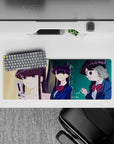 Cute chaotic anime girl mouse pad 32x12 inches in purple, navy, red bow stripes, and teal chalkboard tones.