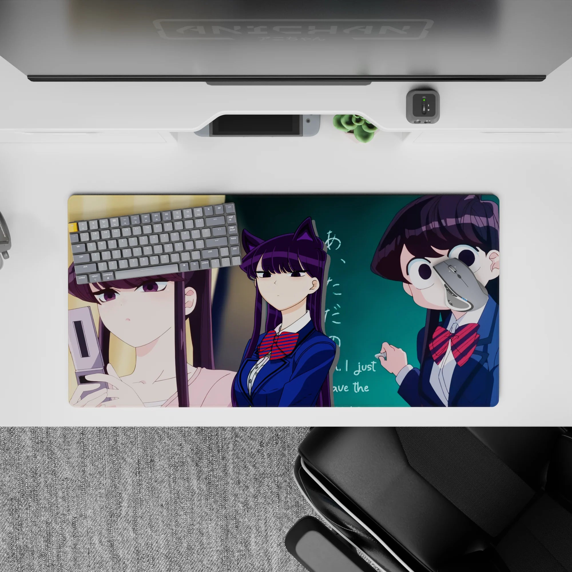 32x16 inches anime mouse pad in deep navy, purple hair, red striped bows, and a mischievous meme-like vibe.