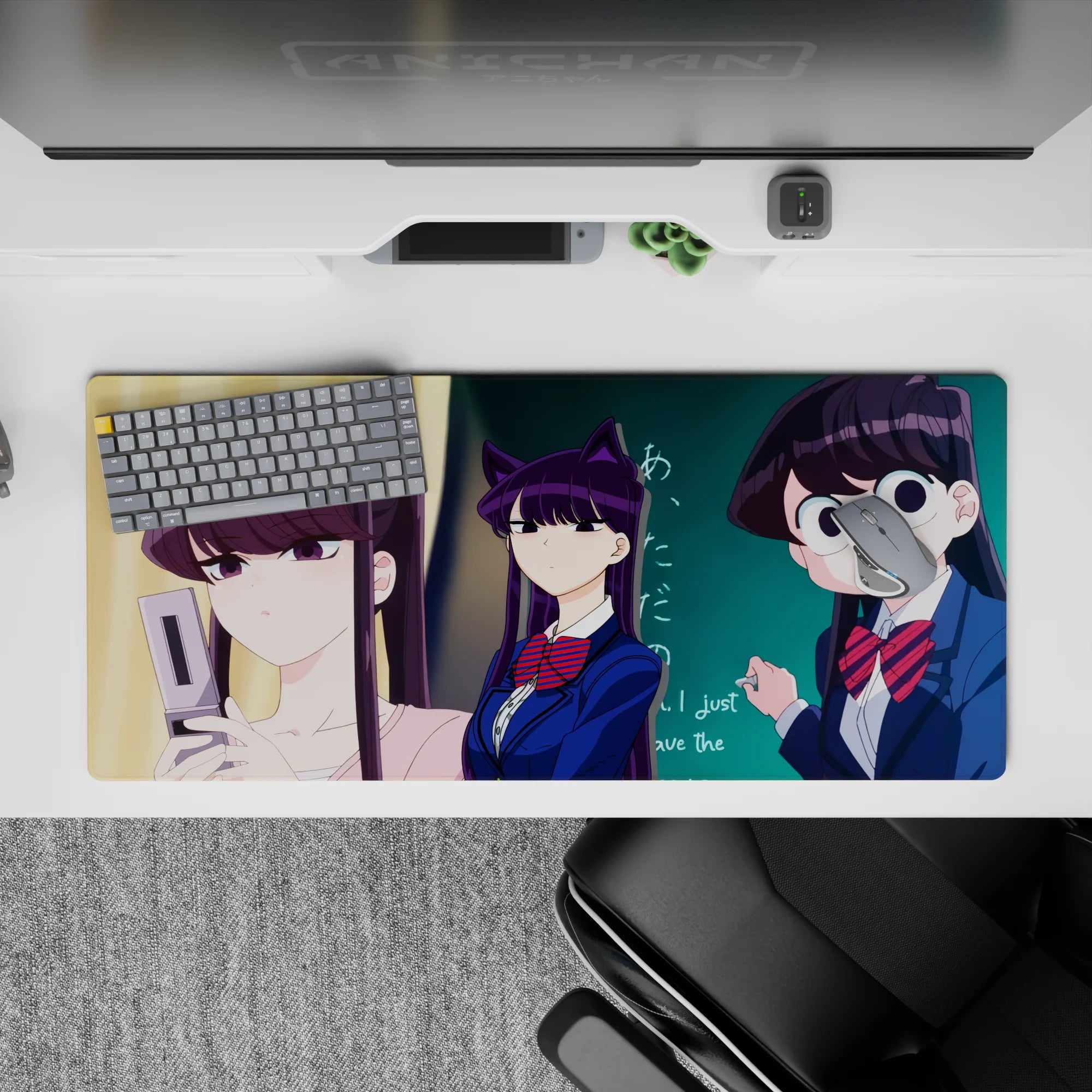 Playful purple-and-teal anime desk pad 36x16 inches, navy uniforms, red striped bows, meme chaos.