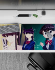 Playful purple-and-teal anime desk pad 36x16 inches, navy uniforms, red striped bows, meme chaos.