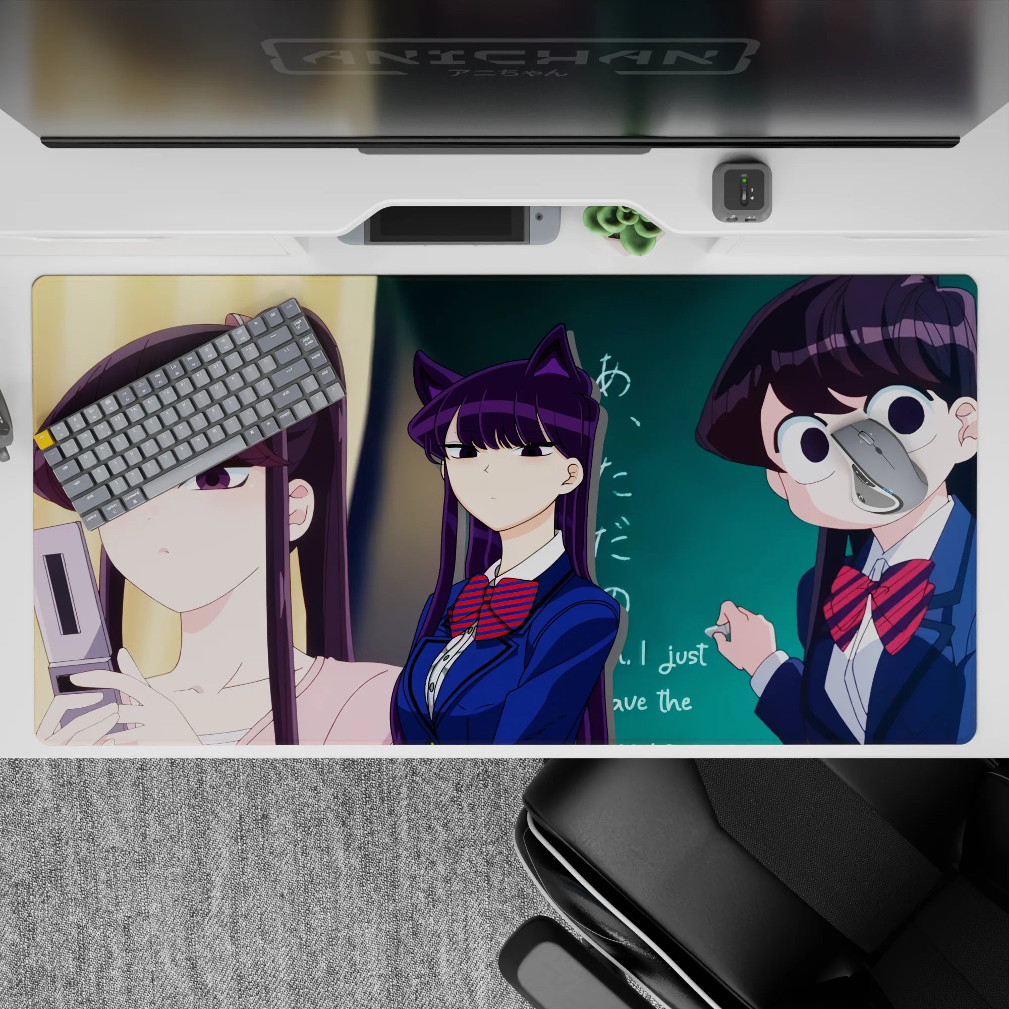 40x20 inches anime girl desk pad in deep navy and teal with red striped bows, playful meme-like mood.