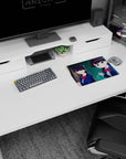 Purple-haired cat-ear vibe anime girl center, classmates behind, mouse pad 14x10 inches.