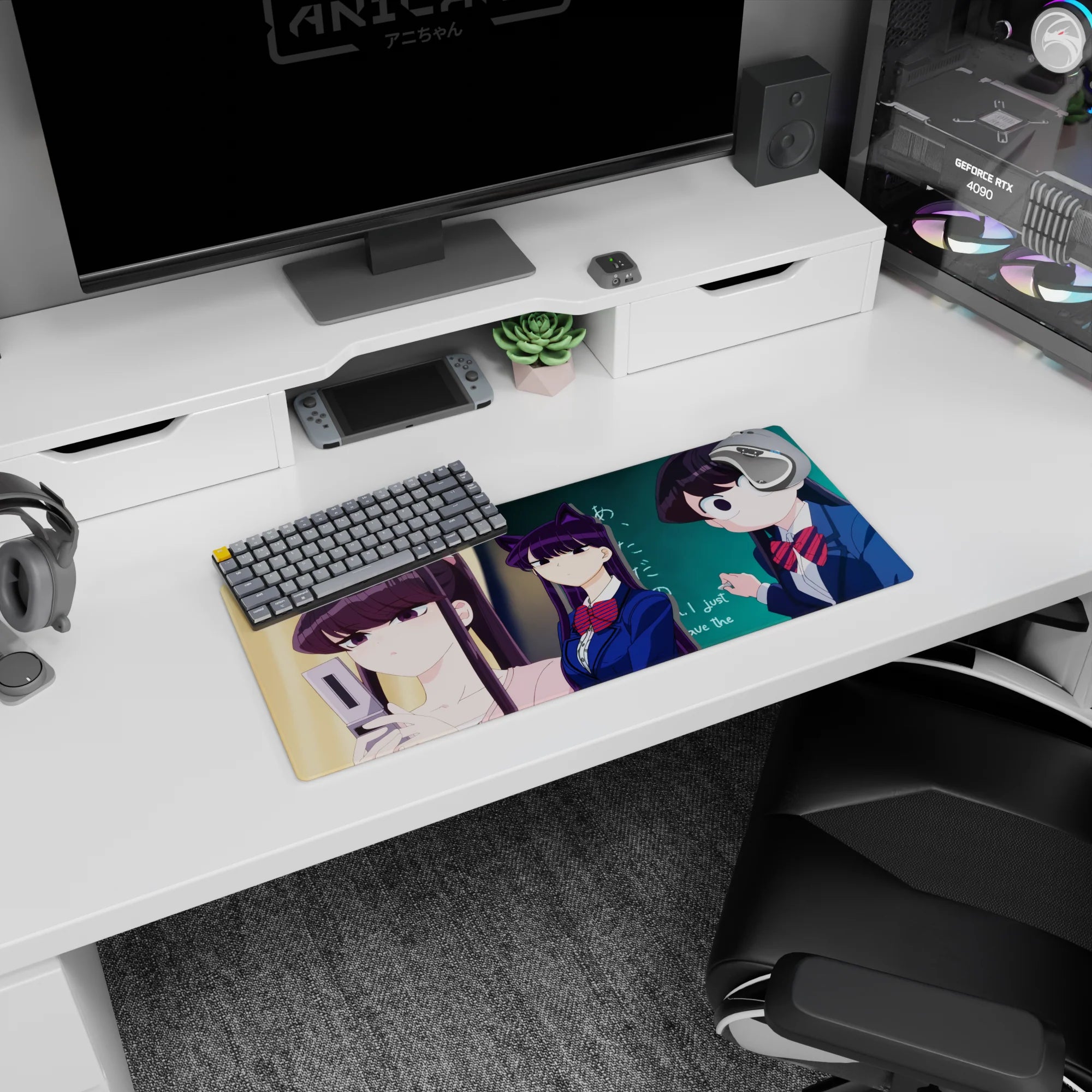 28x12 inches anime girl mouse pad featuring a purple-haired catlike student with wide-eyed friend and phone-checking cutie.