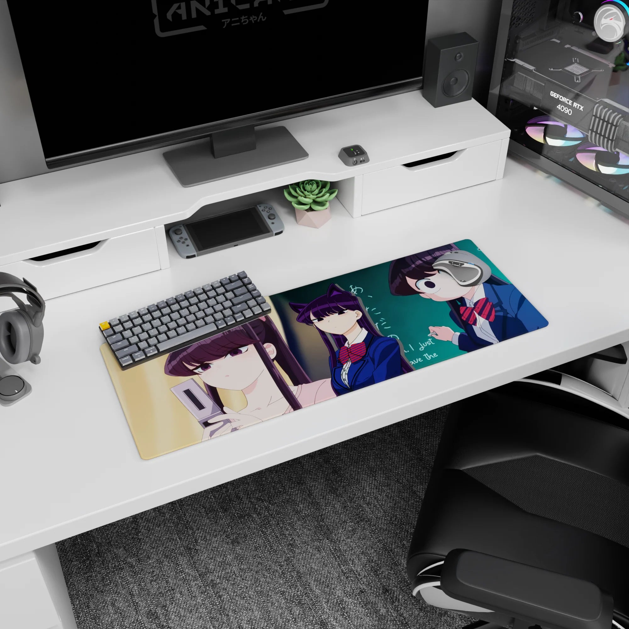 Purple-haired cat-ear vibe schoolgirl center, friends beside her, anime mouse pad 32x12 inches.