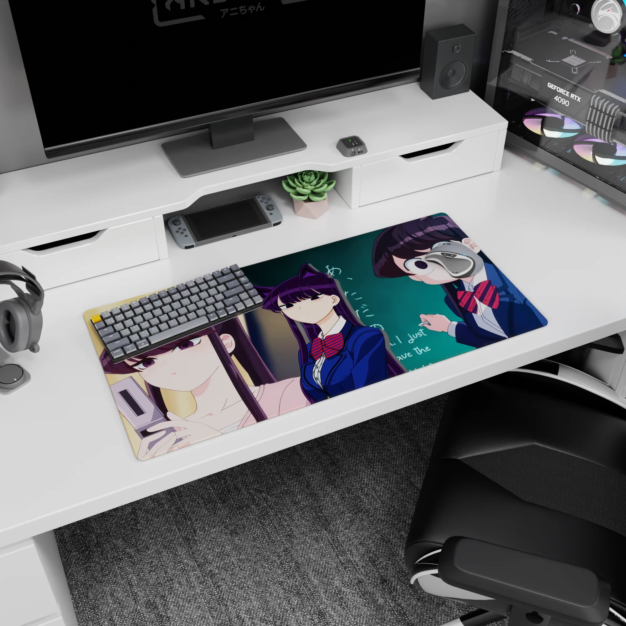 32x16 inches anime girl mouse pad featuring a purple-haired cat-ear vibe girl with classmates, phone-checking scene.