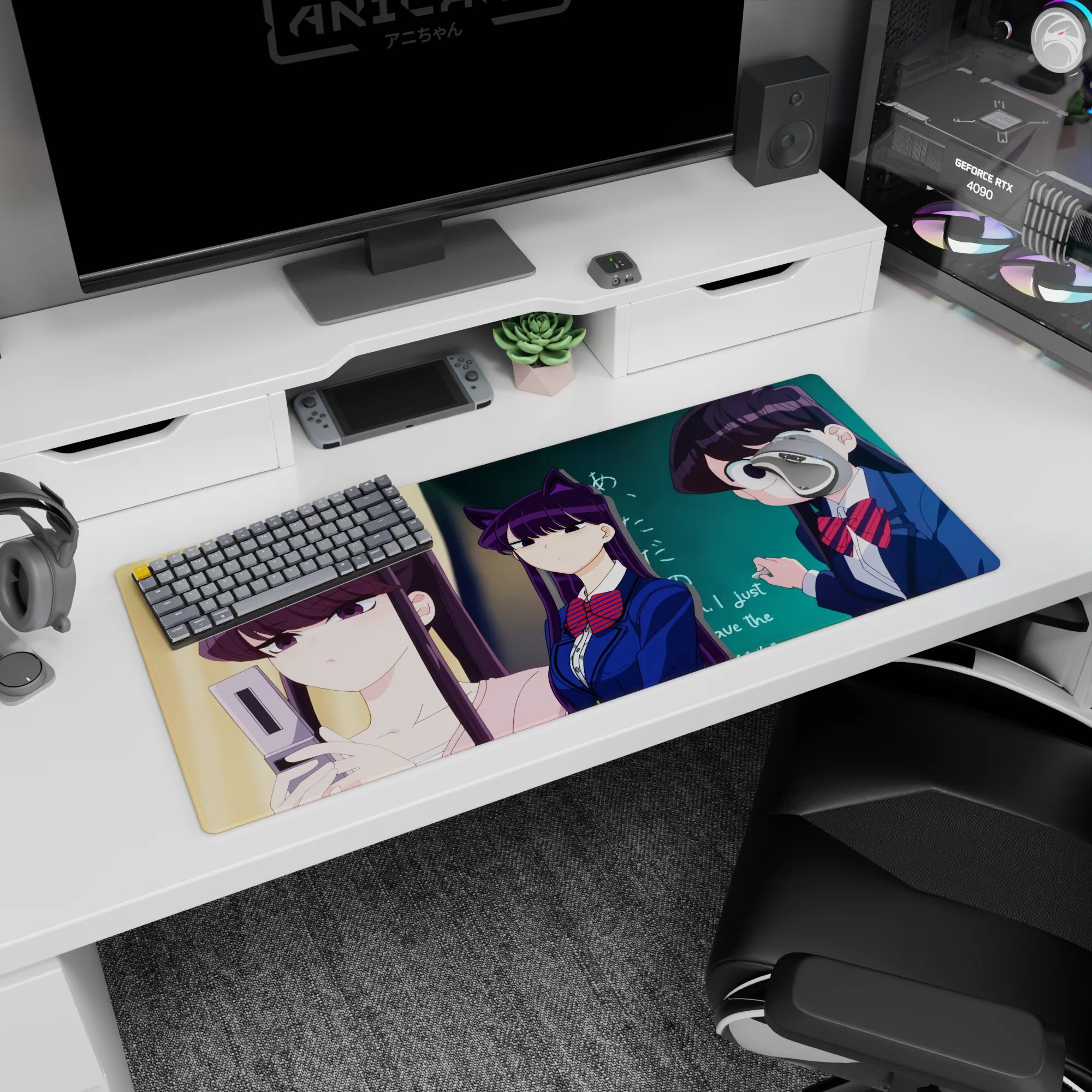 Purple-haired cat-ear vibe anime girl desk pad 36x16 inches with classmates by a teal chalkboard.