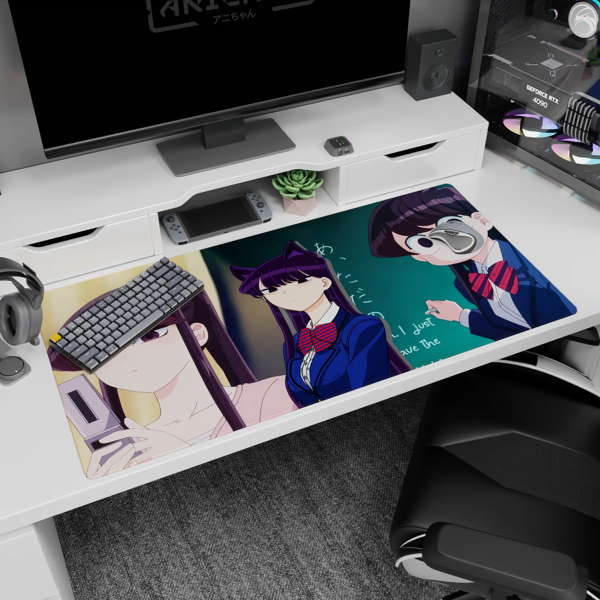 Anime girl desk pad 40x20 inches featuring purple-haired cat-ear vibe girl with classmates in uniform.