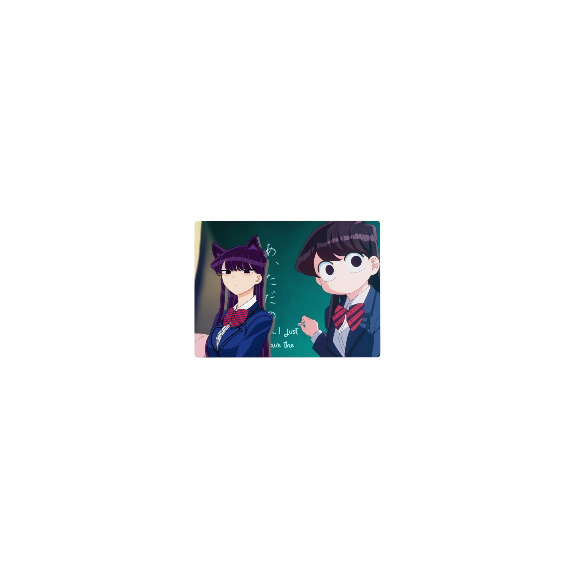 Classic anime girl mouse pad 14x10 inches with school uniform trio and teal chalkboard background.