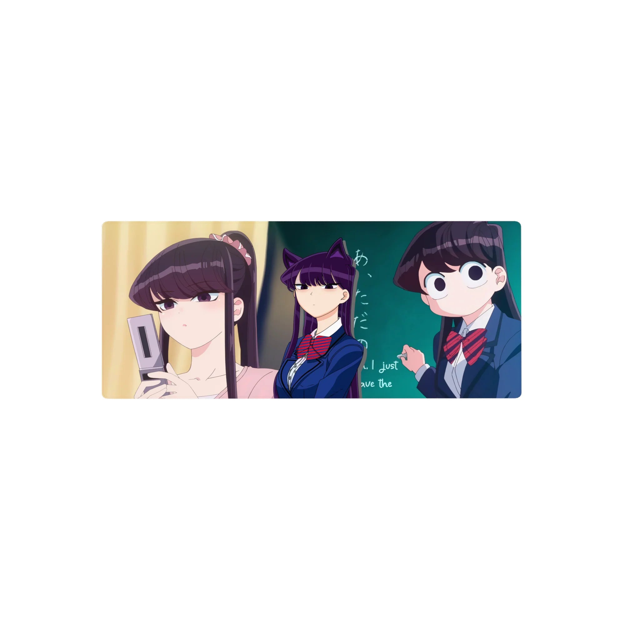 28x12 inches anime girl mouse pad with school uniform trio and purple-haired cat-ear vibe in classroom scene.
