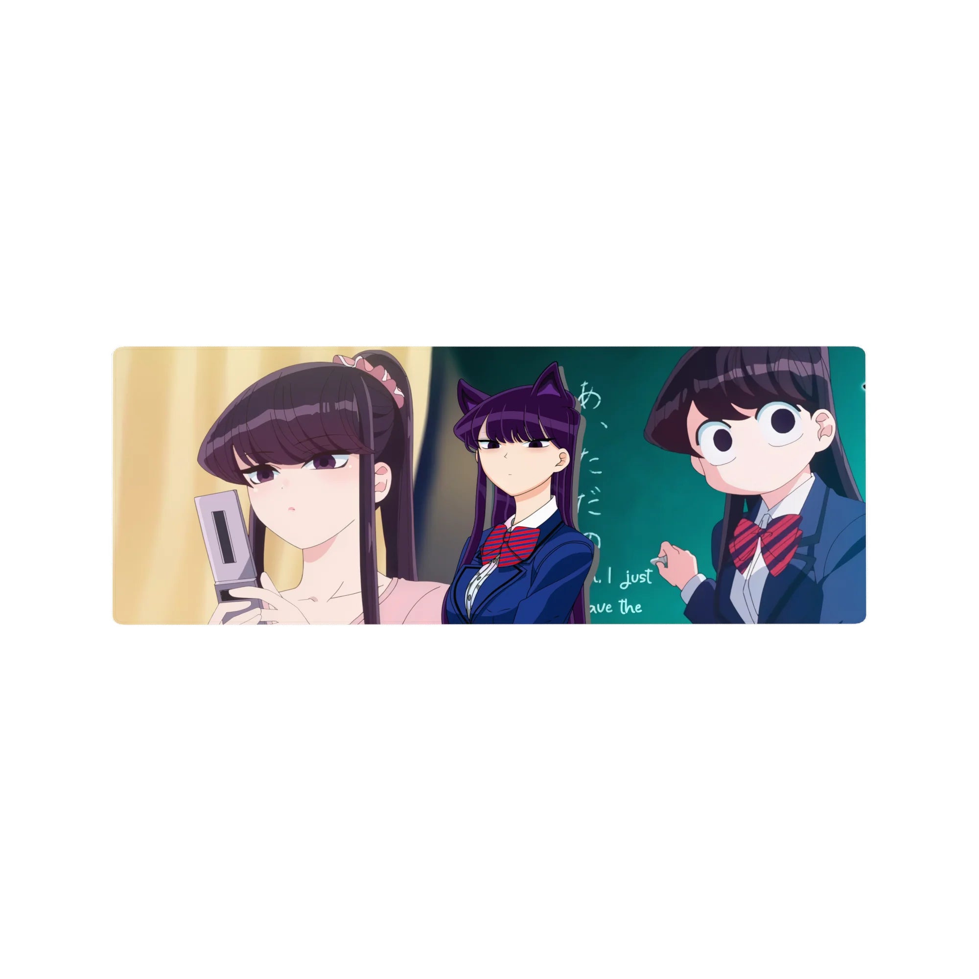 Anime girl mouse pad 32x12 inches with three schoolgirls in navy uniforms and red bows by a chalkboard.