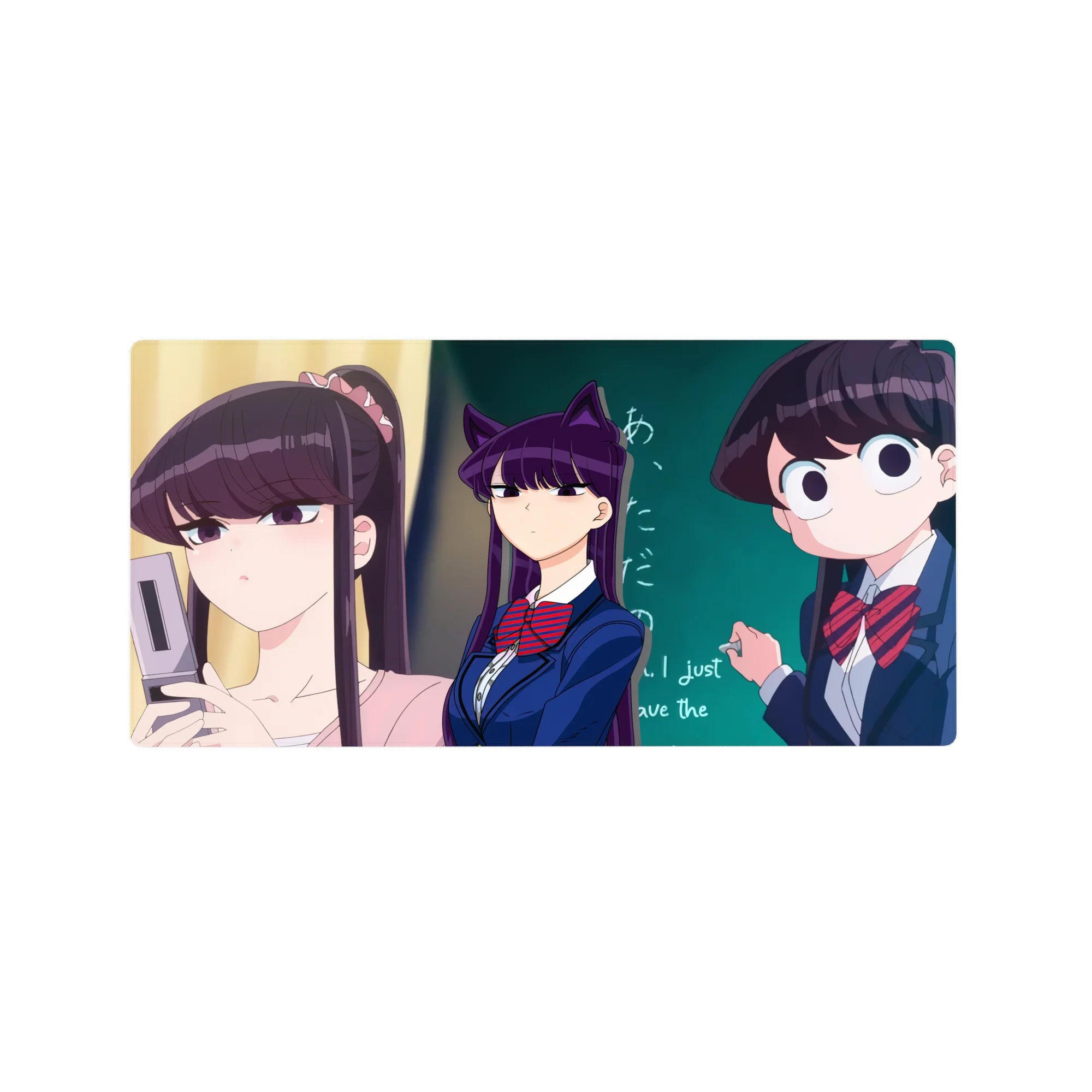 32x16 inches anime girl mouse pad with school-uniform trio and teal chalkboard, playful slice-of-life scene.