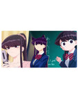 32x16 inches anime girl mouse pad with school-uniform trio and teal chalkboard, playful slice-of-life scene.
