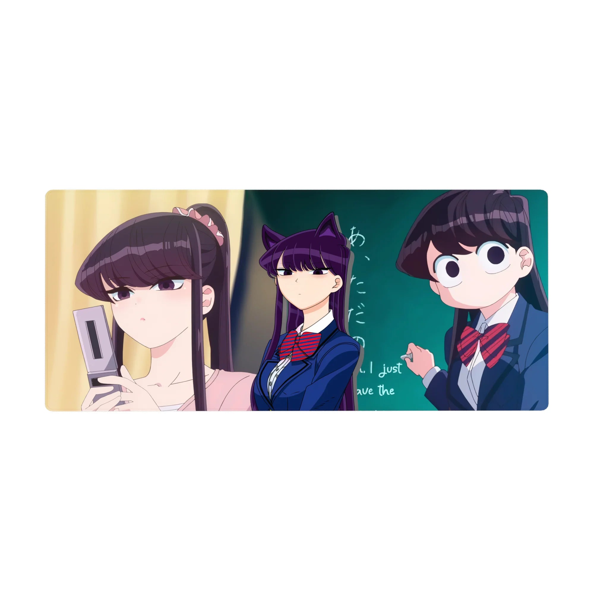 Anime girl desk pad 36x16 inches with school slice-of-life trio in navy uniforms and red bows.