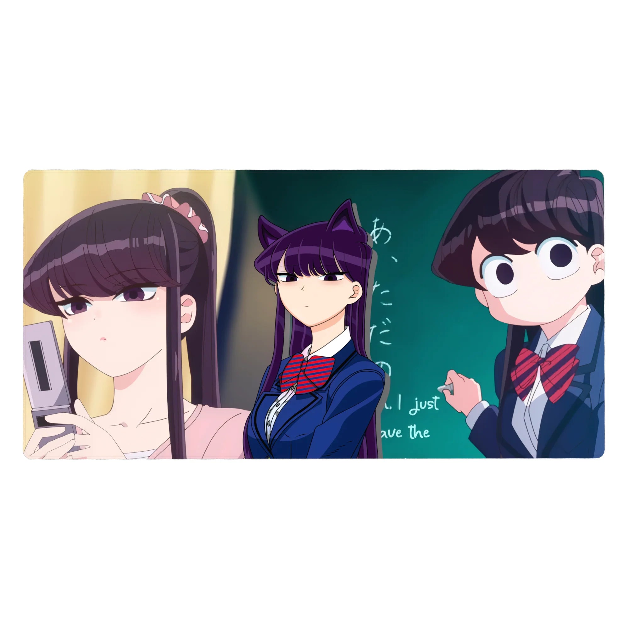 Anime girl desk pad 40x20 inches with school uniform trio, teal chalkboard backdrop, cute chaotic vibe.